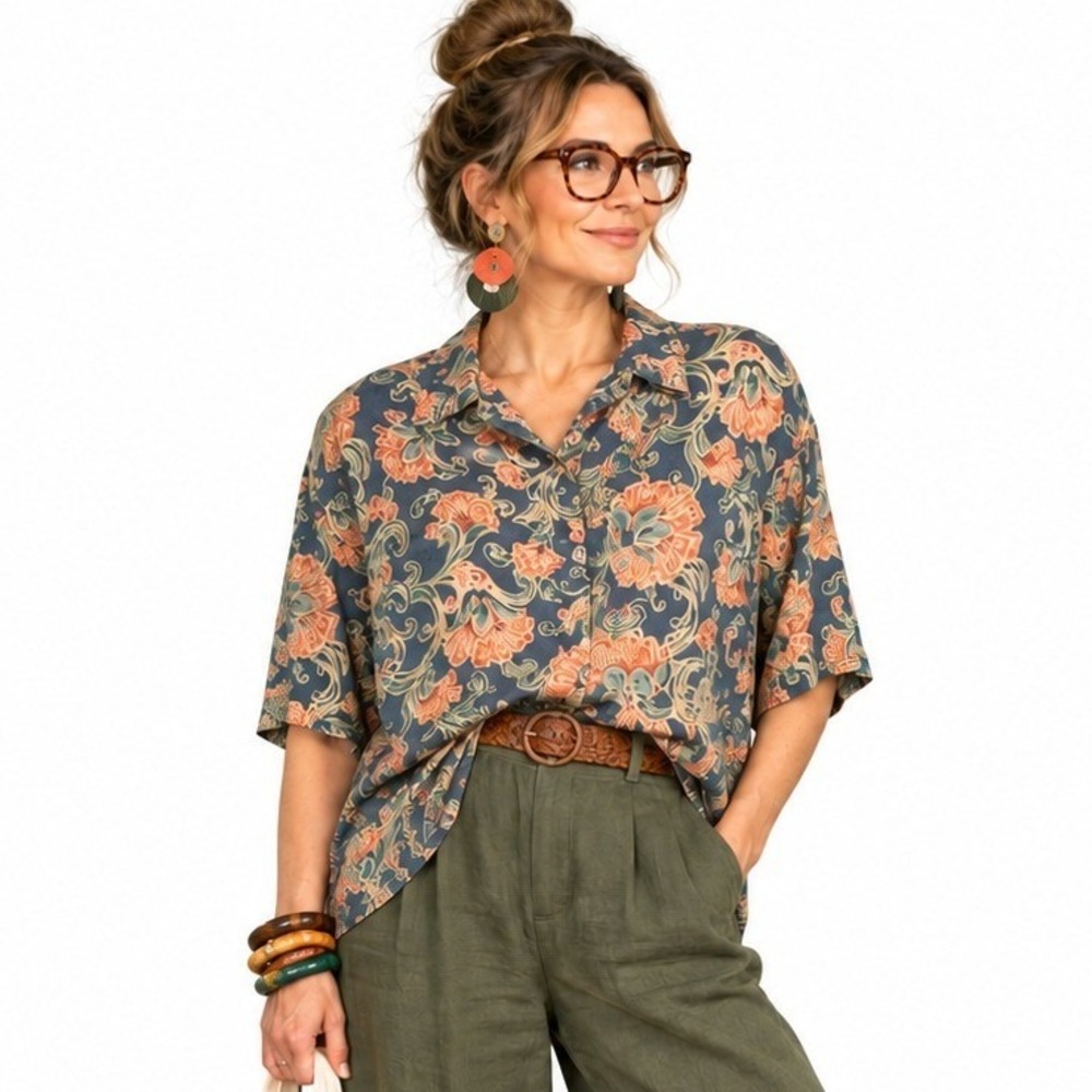 Vintage 90s Silk Top Paisley Floral Cottagecore Art Teacher Grannycore Blouse